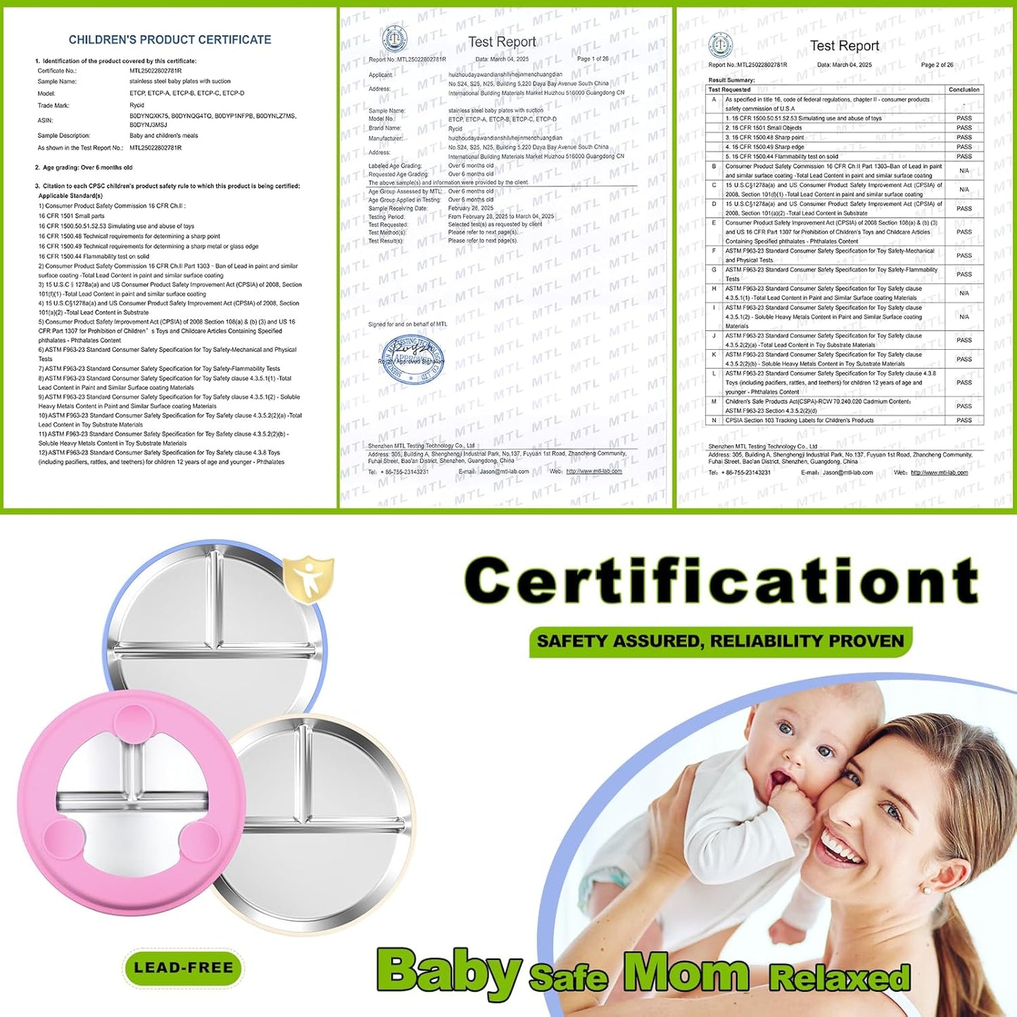 3-Pack Stainless Steel Baby Plates with Suction, BPA-Free Stainless Steel Kids Plates, 9” Divided Toddler Plate for Dishwasher Safe, Non-Slip Silicone Base, Detachable Design (Blue, Pink, Beige)