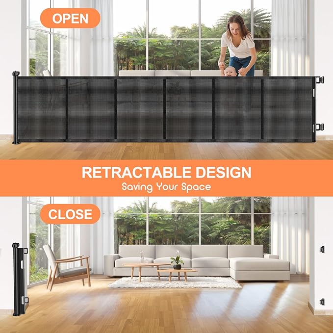 Upgrade 120 inch Retractable Baby Gates, EZIGO Extra Wide Baby Gate for Large Opening Extra Long Mesh Gate for Kids or Pet Dog Gate Child Safety Gate for Stairs Hallways Doorway Indoor Outdoor, Black