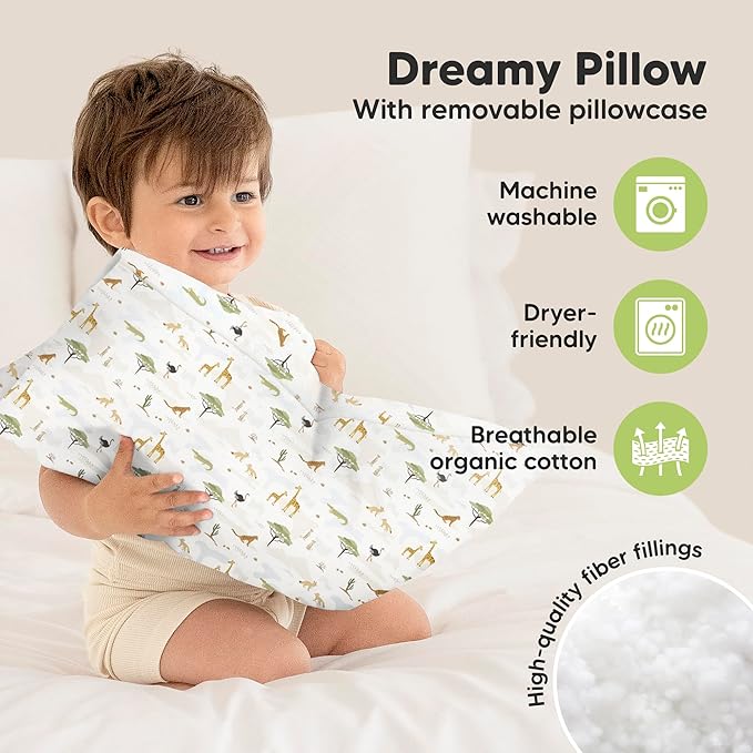 Toddler Pillow with Pillowcase - 13x18 My Little Dreamy Kids Travel Bed Pillows for Sleeping, Organic Cotton Small Pillowcase, Soft & Breathable, Machine Washable, Toddlers 2-5 Years Old (Grasslands)