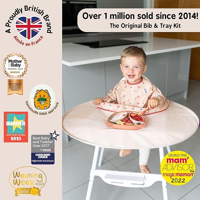 Tidy Tot- Baby Bib & Tray Kit - Mess Proof Long Sleeve Smock Attaches to Feeding Mat, Waterproof Bib - Fits Babies 6-24 Month