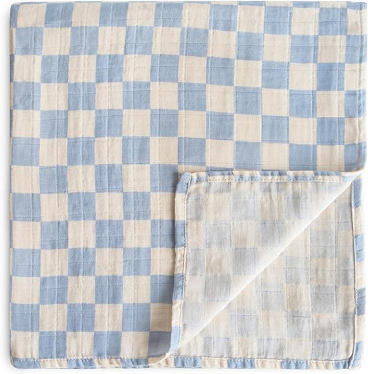 mushie Muslin Baby Swaddle Blanket | 100% Organic Cotton (Blue Check)