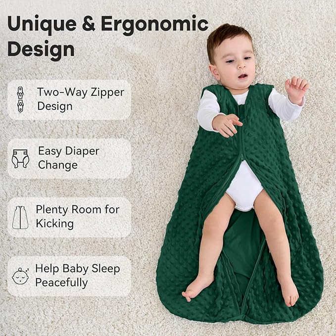Fleece Baby Sleep Sack 18-24 Months with Plush Dots 1.5 Tog Baby Wearable Blanket with 2-Way Zipper Warm Sleeping Sack for Toddler Infant - XLarge, Forest Green