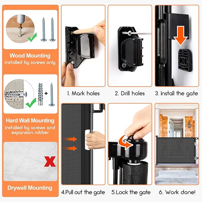 71 inch Retractable Baby Gates, EZIGO Extra Wide Baby Gate for Large Opening Extra Long Mesh Gate for Kids or Pet Dog Gate Child Safety Gate for Stairs Hallways Doorway Indoor Outdoor, Black