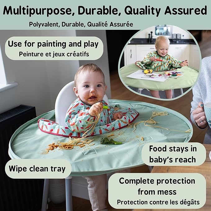 Tidy Tot- Baby Bib & Tray Kit - Mess Proof Long Sleeve Smock Attaches to Feeding Mat, Waterproof Bib - Fits Babies 6-24 Month