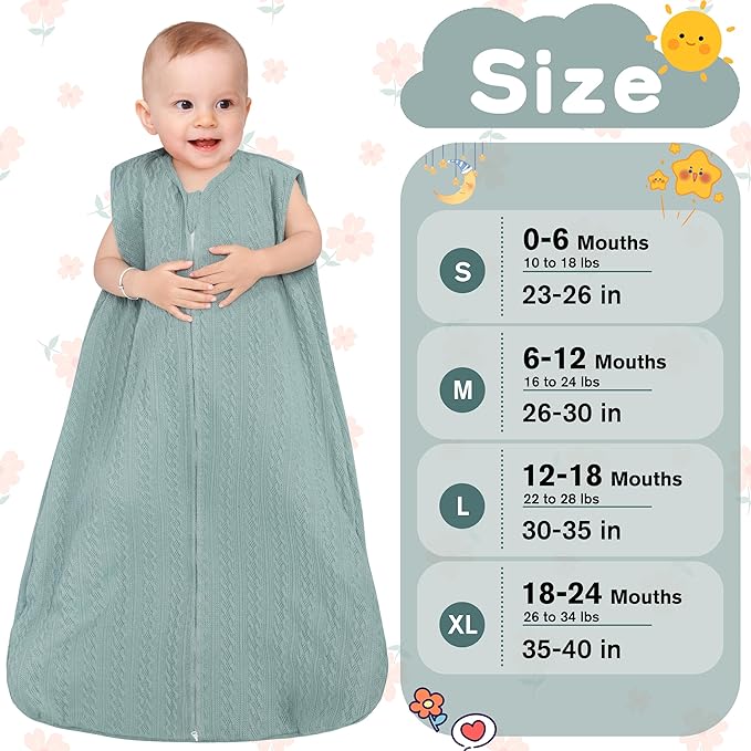 Baby Sleep Sack 12-18 Months, Baby Wearable Blanket 100% Acrylic knit 2-Way Zipper Toddler Sleeping Sack TOG 0.5 (Green)