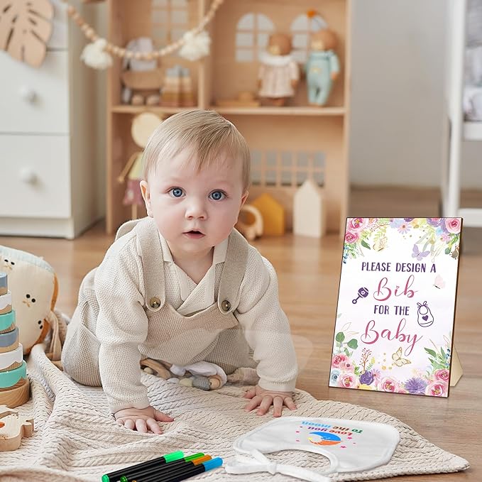 Newwiee 55 Pcs White Bibs for Baby Decorating Design a Bib Decorate Plain newborns Bibs Wooden Sign for Baby Shower Games Kit