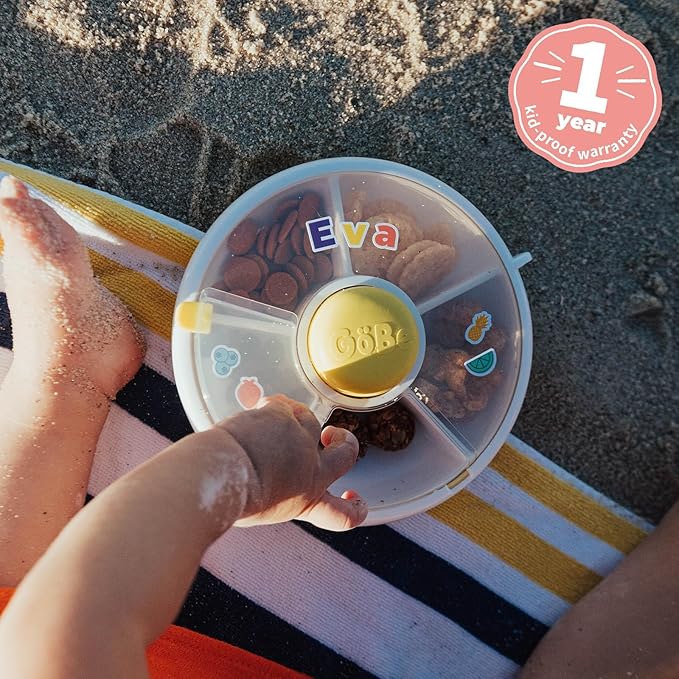 GoBe Kids Small Snack Spinner Flip Bundle with Hand Strap and Sticker Sheet - Reusable Snack Container with 5 Compartment Dispenser and Lid | BPA/PVC Free | Dishwasher Safe | No Spill - Lemon Yellow