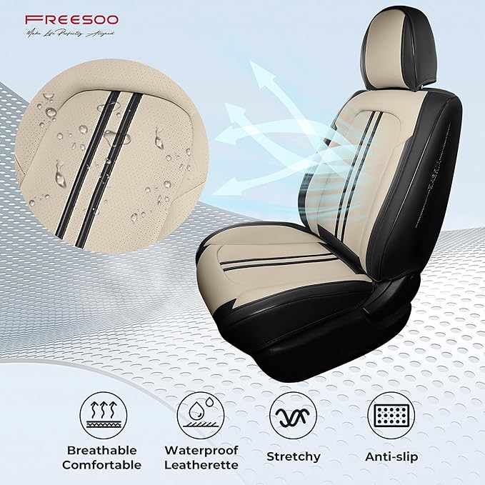 FREESOO Front Seats 2PCS Leather Car Seat Covers, Ultra Breathable Waterproof Seat Covers for Cars Trucks SUV, Carseat Protector Car Seat Cover Fit for Most Vehicles, Black Beige
