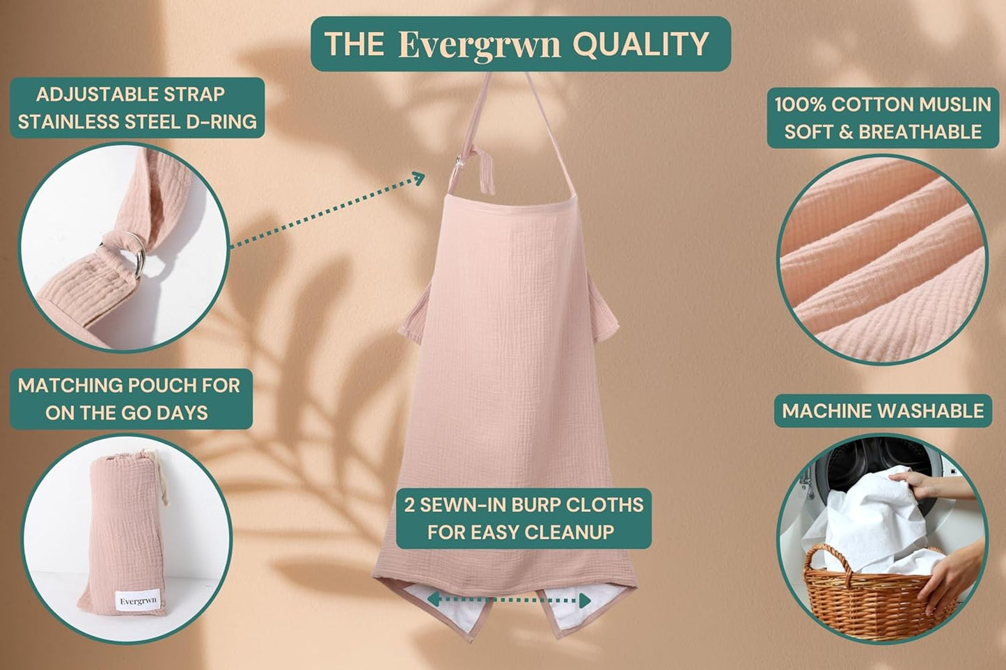 Superior Design Evergrwn Multi-use Privacy Nursing Cover Up for Breastfeeding, 100% Cotton Breathable Nursing Cover with Arch Neckline, Muslin Breastfeeding Cover, Baby Essentials (Rose Taupe)