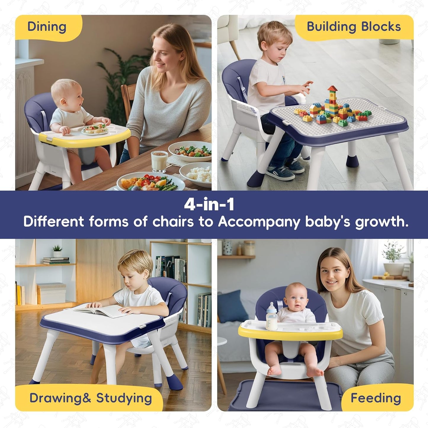 4 in 1 Baby High Chair, Toddler Chair with Removable Tray, Convertible High Chairs for Babies and Toddlers, Kids Learning Table, Building Block Table, Dining Booster Seat with Safety Harness, Blue