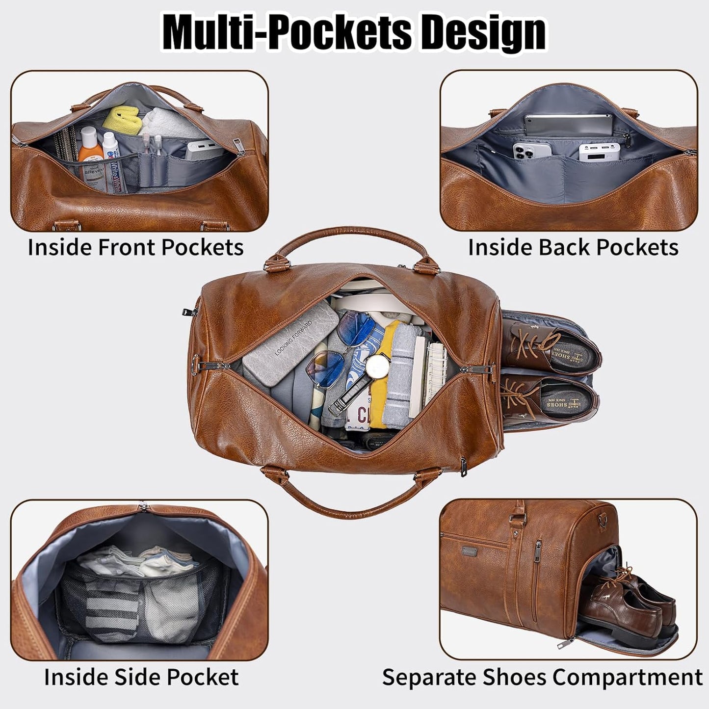 Large Leather Duffel Bag for Travel, Weekender Bag for Men or Women with Shoe Compartment, Waterproof Carry On Bag with Toiletry Bag, Travel Tote Bag with Luggage Strap (Brown)