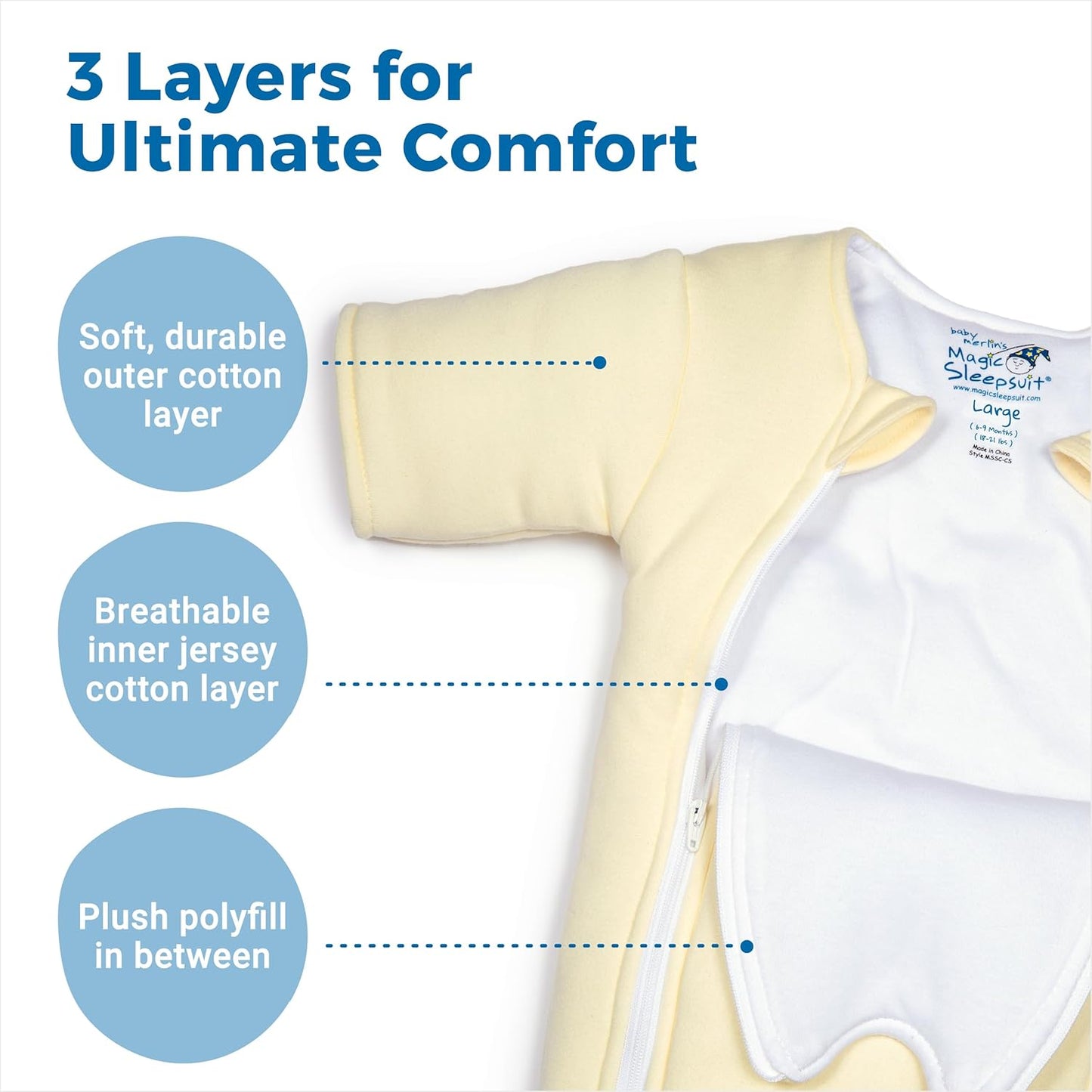 Magic Sleepsuit Baby Merlin's Cotton Baby Swaddle Transition Product - Soft and Cozy Design, Double Zipper for Easy Diaper Changes, Promotes Safe Sleep, 3-6 Months - Yellow - Small 12-18lbs