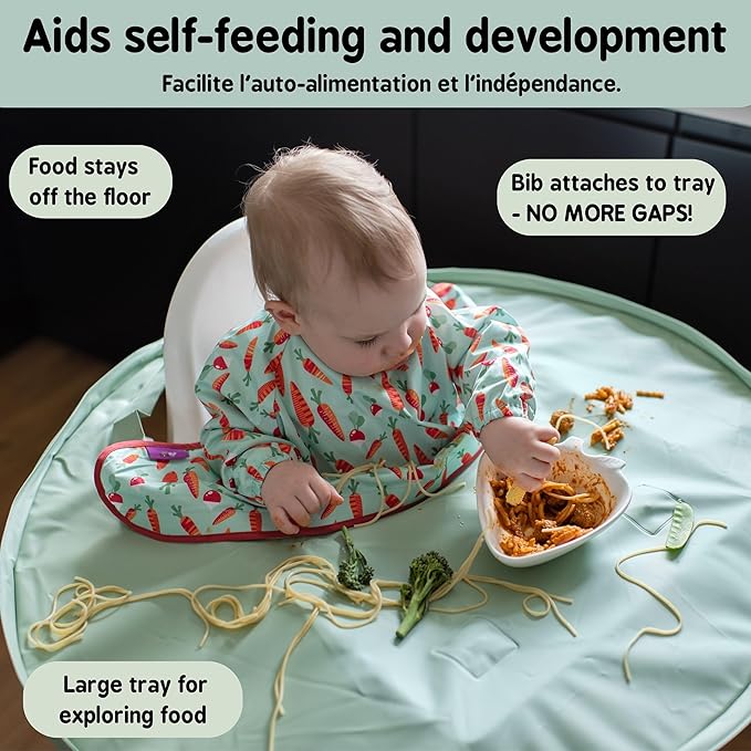 Tidy Tot- Baby Bib & Tray Kit - Mess Proof Long Sleeve Smock Attaches to Feeding Mat, Waterproof Bib - Fits Babies 6-24 Month