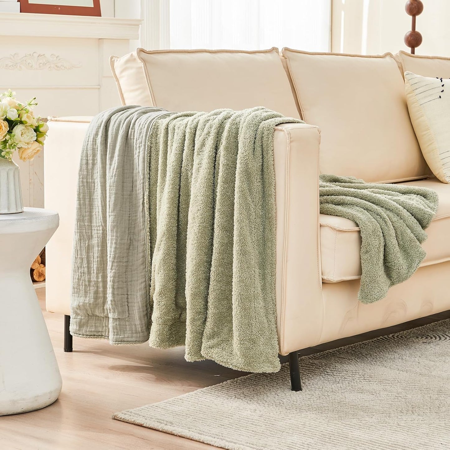 EMME Muslin and Fleece Throw Blanket Reversible - 50"*60" Sage Green Soft Warm Throw Blankets for Couch Bed Picnic Travel Bed