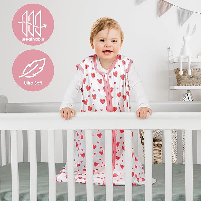 3 Pack Baby Sleep Sack 6-12 Months 100% Rayon Cotton Baby Sleeping Bag 2-Way Zipper Toddler Wearable Blankets TOG 0.3 （Heart&Pink&Floral）