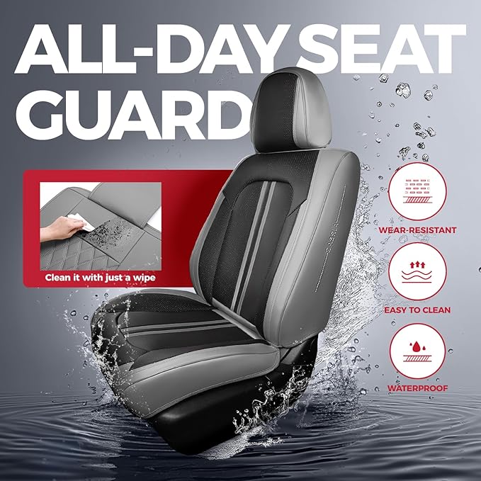 FREESOO Front Seats 2PCS Leather Car Seat Covers, Ultra Breathable Waterproof Seat Covers for Cars Trucks SUV, Carseat Protector Car Seat Cover Fit for Most Vehicles, Black Gray