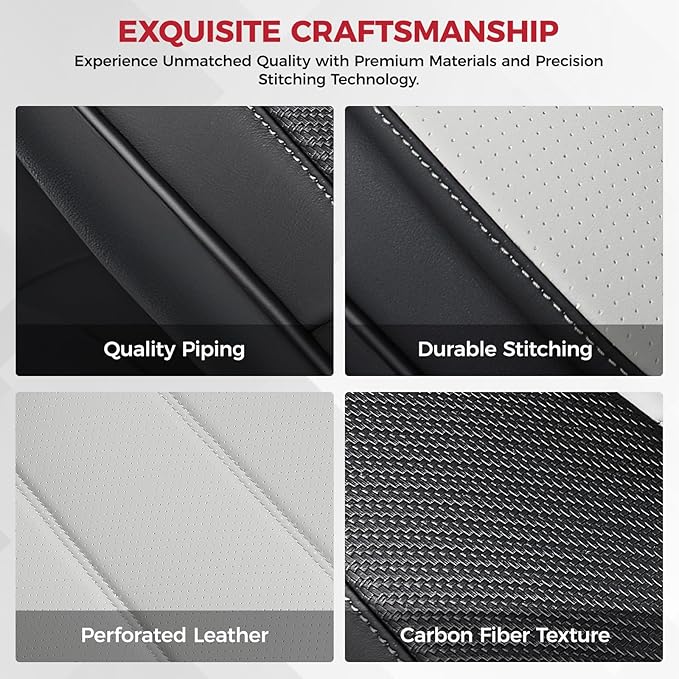 FREESOO Black White Front Car Seat Covers - Faux Nappa Leather Seat Covers for Cars, with Carbon Fiber Texture Seatbelt Pads, Cute Cushion Protectors Fit for Most Vehicles Sedans SUV Trucks Civic