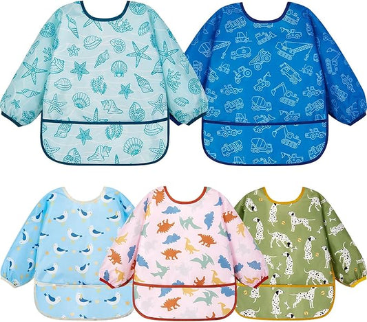 Lictin Long Sleeve Bibs 5 Pack - Baby Bibs, Waterproof Toddler Bibs, Baby Smock for Eating, Baby Bibs for Feeding Teething