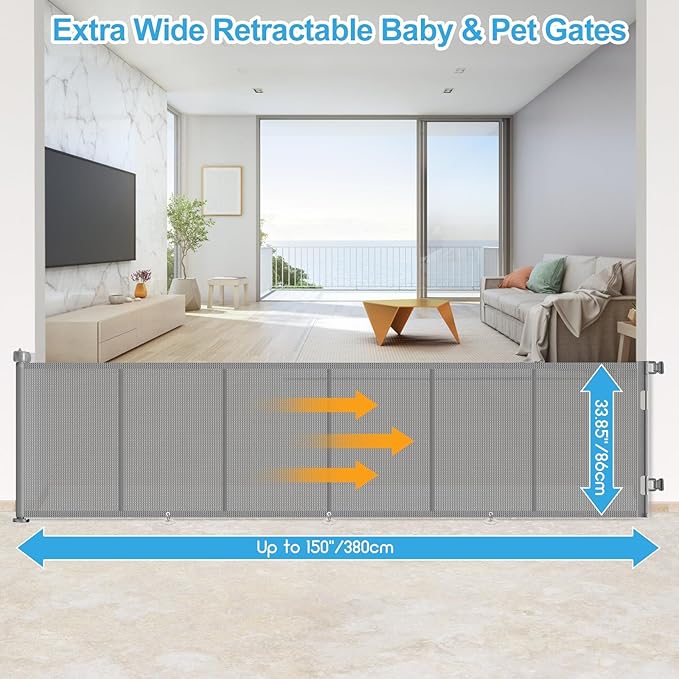 Upgrade 150 inch Retractable Baby Gates, EZIGO Extra Wide Baby Gate for Large Opening Extra Long Mesh Gate for Kids or Pet Dog Gate Child Safety Gate for Stairs Hallways Doorway Indoor Outdoor, Gray
