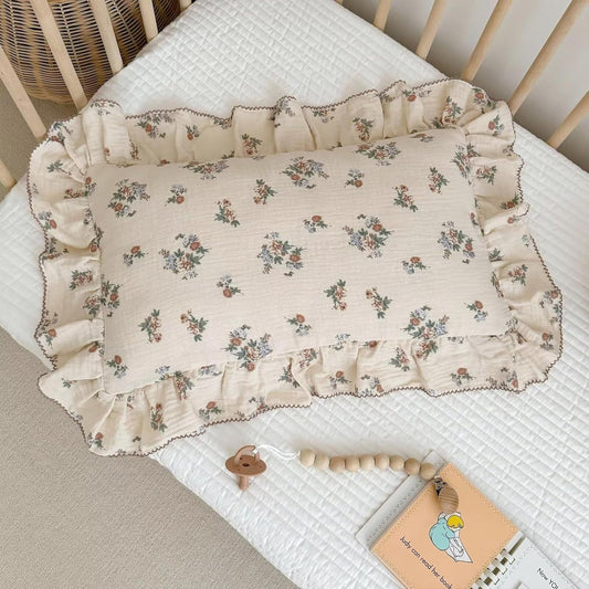 BuLuTu 2 Layers Muslin Toddler Pillowcases Fits for Crib Cot Cradle, Cotton Floral Pillow Cases for 1 2 3 4 5 6 Years Old Girls Boys, Envelope Travel Toddler Pillow Cover Protector with Ruffles