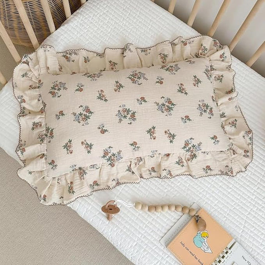 BuLuTu 2 Layers Muslin Toddler Pillowcases Fits for Crib Cot Cradle, Cotton Floral Pillow Cases for 1 2 3 4 5 6 Years Old Girls Boys, Envelope Travel Toddler Pillow Cover Protector with Ruffles