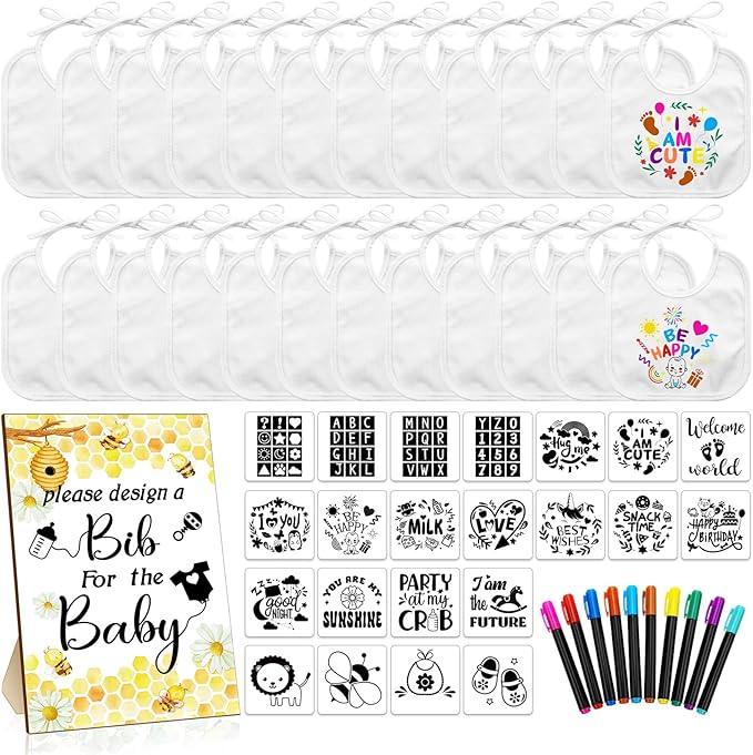 Newwiee 55 Pcs White Bibs for Baby Decorating Design a Bib Decorate Plain newborns Bibs Wooden Sign for Baby Shower Games Kit
