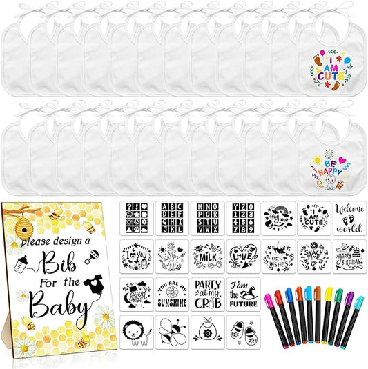 Newwiee 55 Pcs White Bibs for Baby Decorating Design a Bib Decorate Plain newborns Bibs Wooden Sign for Baby Shower Games Kit