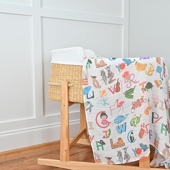 LollyBanks Swaddle Blanket - 100% Cotton Muslin, Neutral 47 x 47 Inches, Baby Blanket for Boys & Girls, Registry (Alphabet Print)