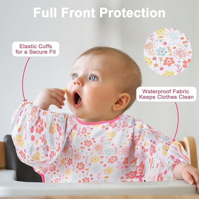 Long Sleeve Baby Bib For Eating Feeding Mess Proof Waterproof Food Smock Bibs With Pocket For Newborn Boy Girl