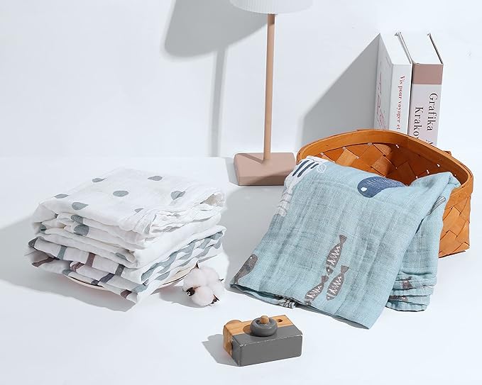 Muslin Baby Quilt 100% Cotton Newborn Blanket 47" X 47" 2 Layers Muslin Swaddle for Boy and Girl (Ocean Series)