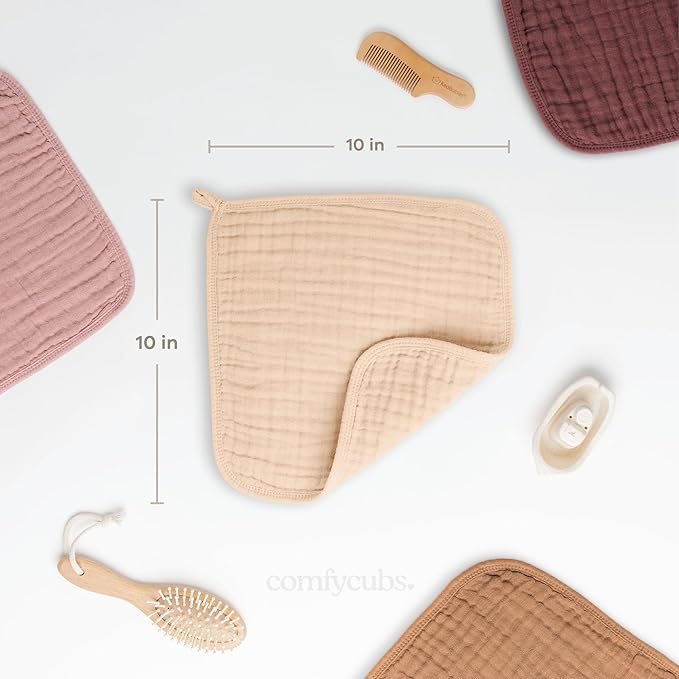 Comfy Cubs Muslin Baby Washcloths 6 Pack - Soft 6-Layer Cotton Wash Cloths for Sensitive Skin - 10"x10" Large, Gentle, Absorbent Infant Essentials for Newborn and Toddlers - Cream