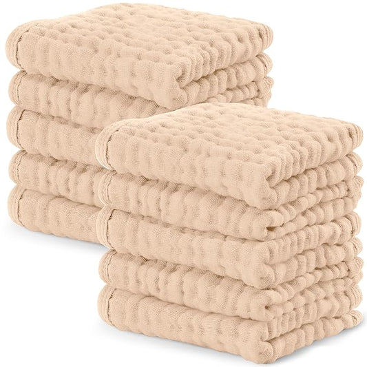 Comfy Cubs Muslin Baby Washcloths 10 Pack - Soft 6-Layer Cotton Wash Cloths for Sensitive Skin - 10"x10" Large, Gentle, Absorbent Infant Essentials for Newborn and Toddlers - Cream
