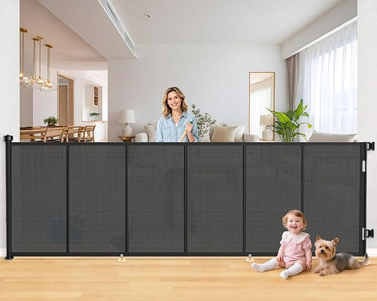 120 Inch Retractable Baby Gates Extra Wide, 41 Inch Reinforced Extra Tall Gate for Large Openings, Mesh Safety Gate for Kids Pets, Retractable Dog Gate for Stair Hallways Doorway Indoor Outdoor, Black