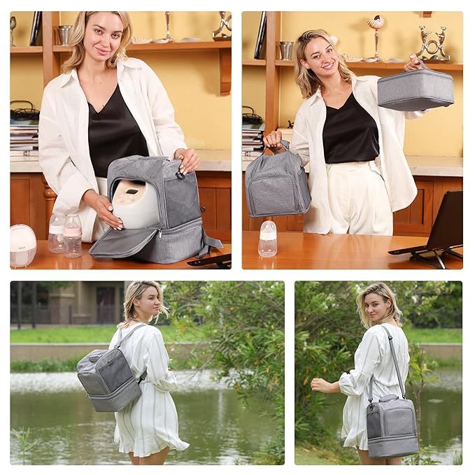 NCVI Breast Pump Bag, Double Layer Removable Pump Bag for Spectra S1, S2, Medela, Breast Pump Backpack with Ice Pack, Insulated Breast Milk Cooler Bag for Working Nursing Moms, Grey
