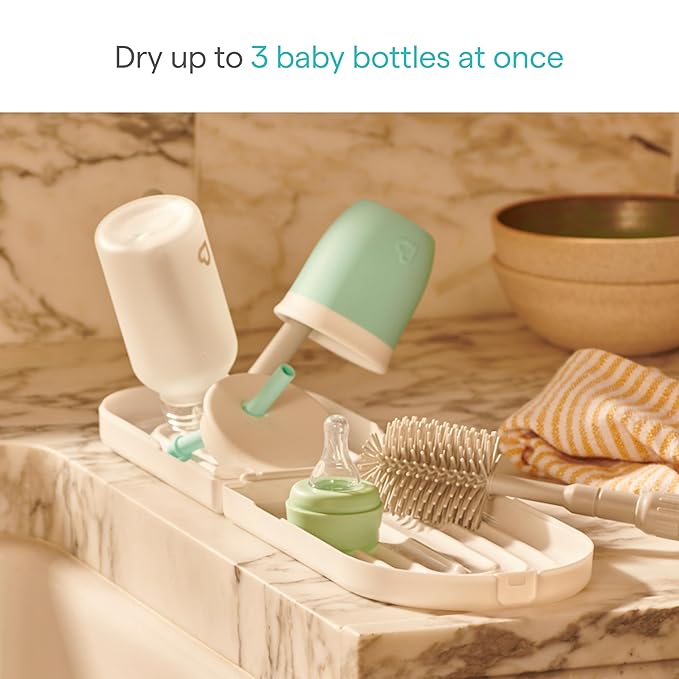 Munchkin® Travel Baby Bottle Drying Rack with Silicone Bottle Brush - Compact and Foldable, Fits Easily in Diaper Bags for On-The-Go Use