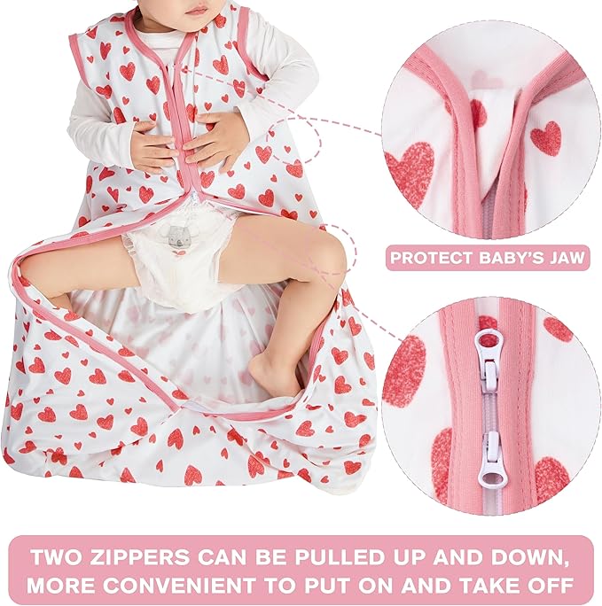 3 Pack Baby Sleep Sack 12-18 Months 100% Rayon Cotton Baby Sleeping Bag 2-Way Zipper Toddler Wearable Blankets Comfy Stretchy Lightweight TOG 0.3 （Heart&Pink&Floral）