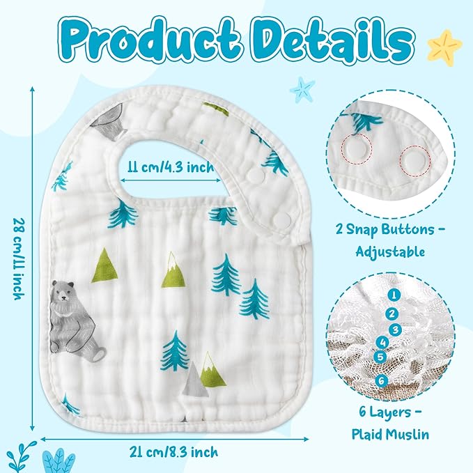 Zainpe 6Pcs Snap Muslin Cotton Baby Bibs Bear Fox Infants Drooling Bib Soft Absorbent Adjustable Burp Cloth Machine Washable Feeding Cloths for Newborn Girl Boy Toddler Teething Eating 0 to 36 Months