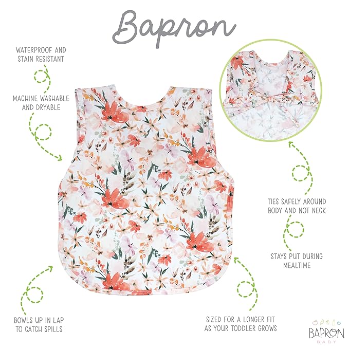 BapronBaby Peachy Dreams Bapron - No Neck Tie Safer Bib for Baby & Toddler - Soft Waterproof Stain Resistant - Machine Washable - Sz Preschool 3-5yrs