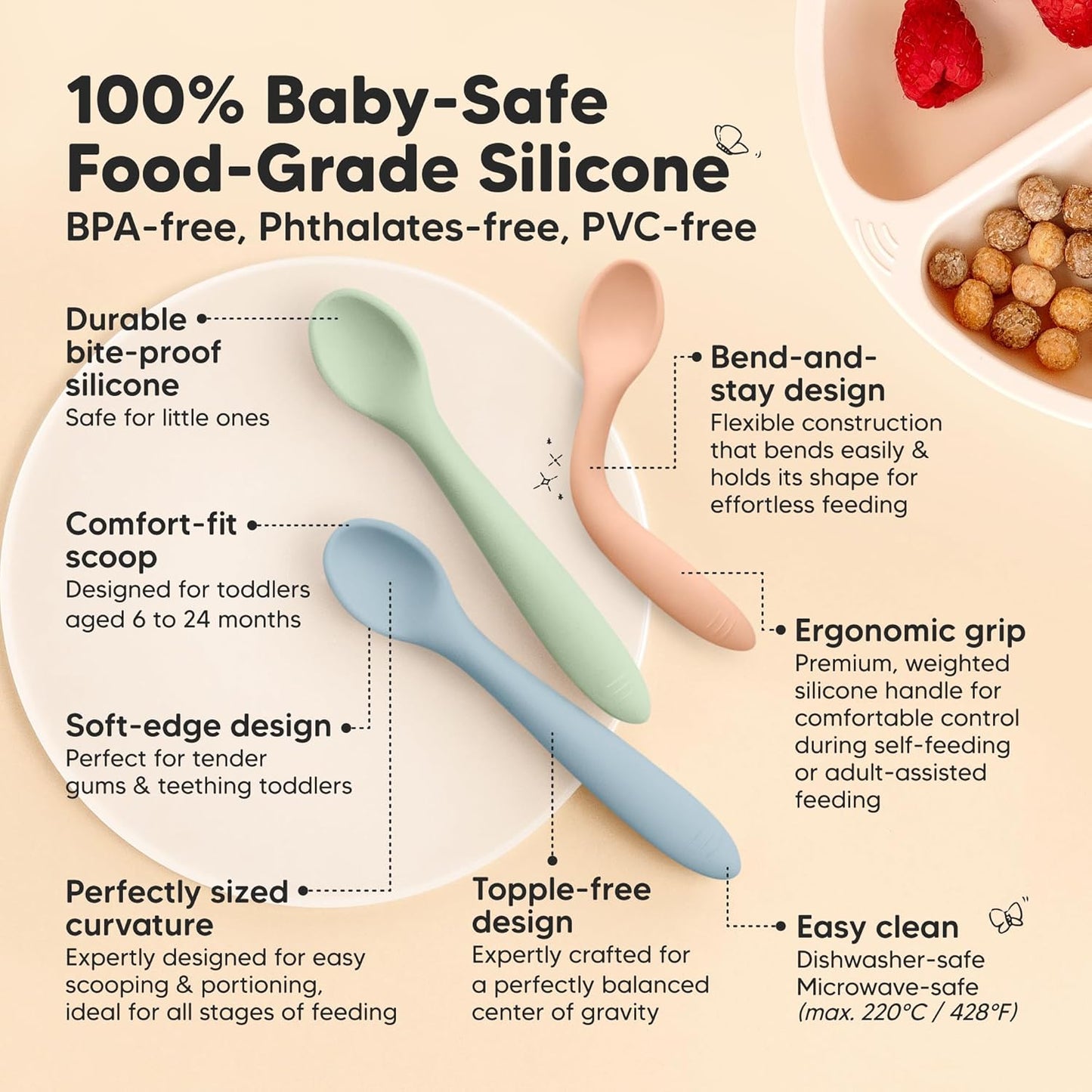 KeaBabies Silicone Baby Spoons, Self Feeding 6-12 months - 3-Pack Baby Weaning Eating Utensils, Toddler First Food Training Spoon, Infant, Kids Feeding Supplies Essential Set, Dishwasher-safe (Mellow)