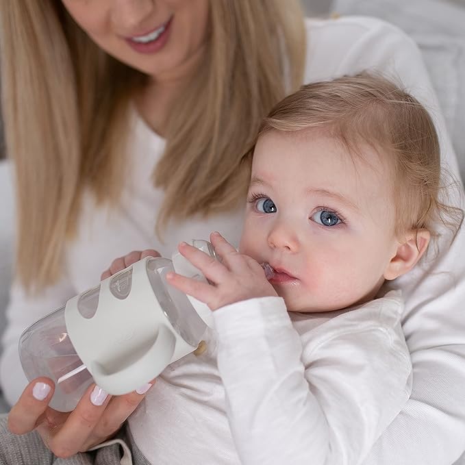 Dr. Brown's Milestones Wide-Neck Sippy Spout Bottle with 100% Silicone Handles, Easy-Grip Handles with Soft Sippy Spout, 9oz/270mL, Light-Blue & Gray, 2-Pack, 6m+