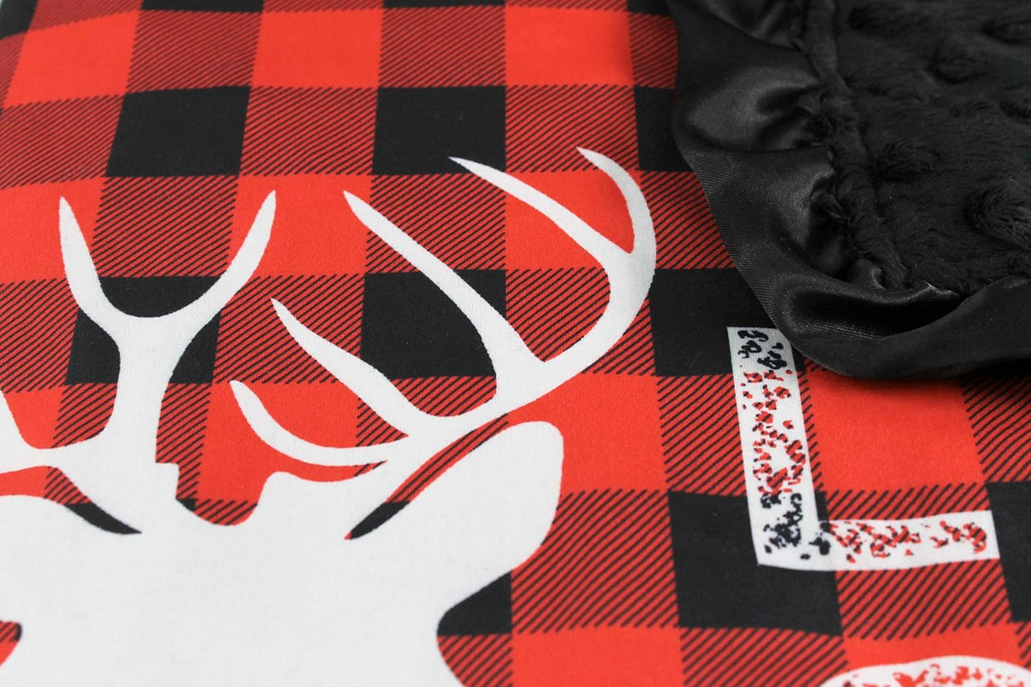 Top Tots Baby Blanket - Minky, Deer with Text, White on Red and Black Plaid, with Black Ruffles