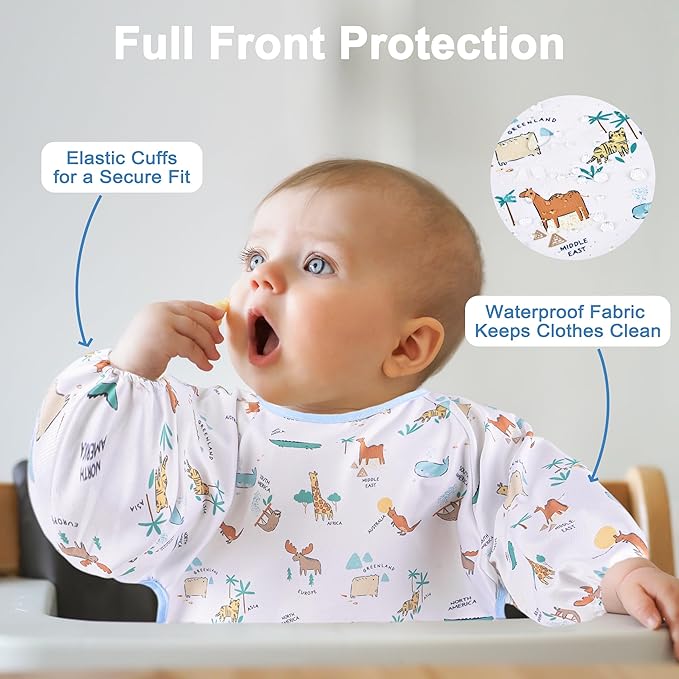 Long Sleeve Baby Bib For Eating Feeding Mess Proof Waterproof Food Smock Bibs With Pocket For Newborn Boy Girl