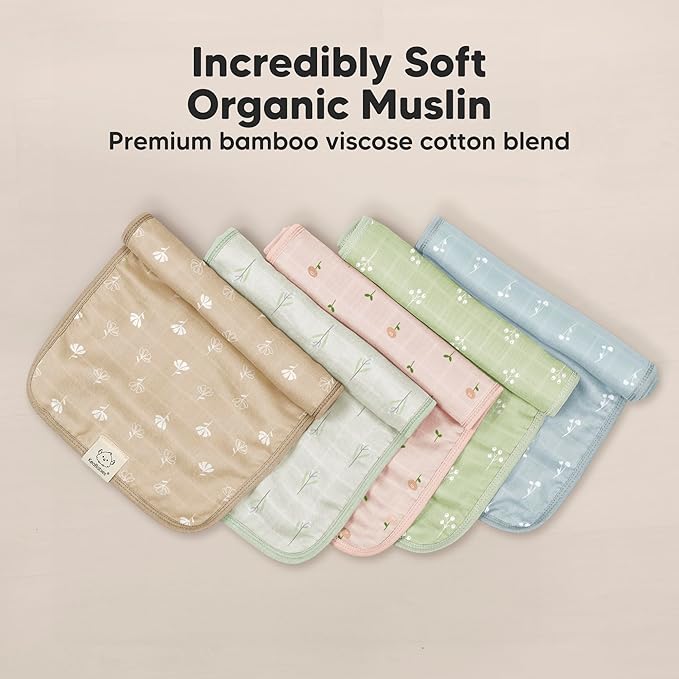 5-Pack Cotton Muslin Burp Cloths Baby Girls, Boys - Soft & Absorbent Spit Up Burp Rags, Large Muslin Towel, Cotton Wash Cloths for Babies, Newborn, Infant, No Shrink, Durable, Neutral (Wild Bloom)