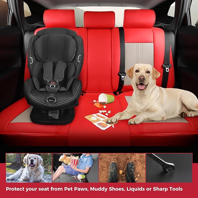 FREESOO Leather Car Seat Covers Full Set, Beige Red Seat Covers for Cars SUV Trucks, Waterproof Car Seat Cover Back Seat and Front, Luxury Auto Seat Covers Protector Cushion Fit for Most Vehicles