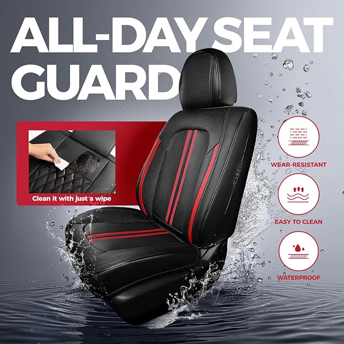FREESOO Front Seats 2PCS Leather Car Seat Covers, Ultra Breathable Waterproof Seat Covers for Cars Trucks SUV, Carseat Protector Car Seat Cover Fit for Most Vehicles, Black Red Line