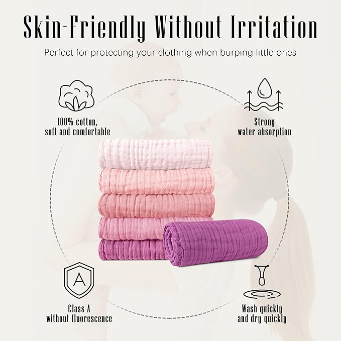 SWEET DOLPHIN 12 Pack Muslin Burp Cloths Large 100% Cotton Burping Clothes for Baby Drool - Absorbent and Soft Boys & Girls Milk Spit Up Rags for Newborn Essentials Registry - Hibiscus Sunset