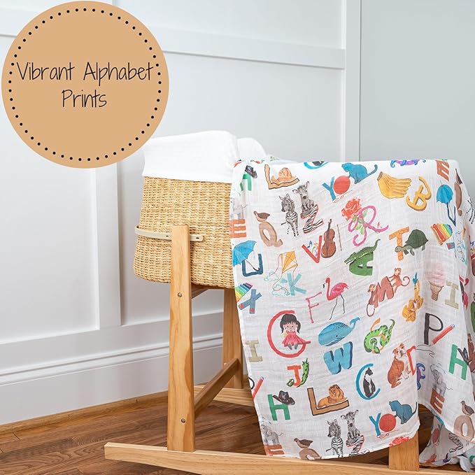 LollyBanks Swaddle Blanket - 100% Cotton Muslin, Neutral 47 x 47 Inches, Baby Blanket for Boys & Girls, Registry (Alphabet Print)