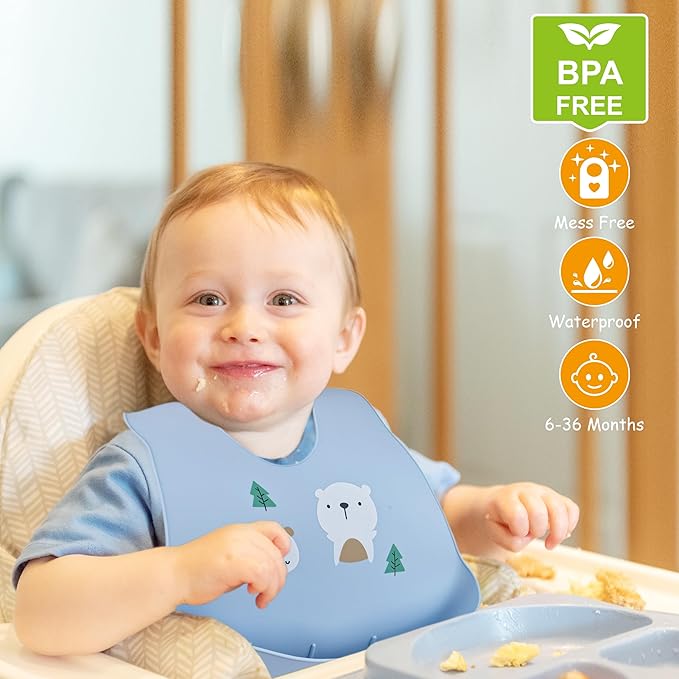 2 Pack Silicone Baby Bibs Adjustable Fit Waterproof Bib With Leak Proof Food Pouch Catcher for Eating Boys Girls