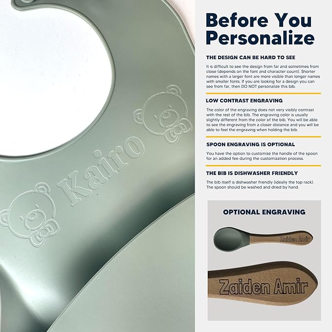 Personalized Silicone Bib and Spoon Set with Custom Name, Babies/Toddlers Durable Adjustable with Pocket for Baby Boy & Girl