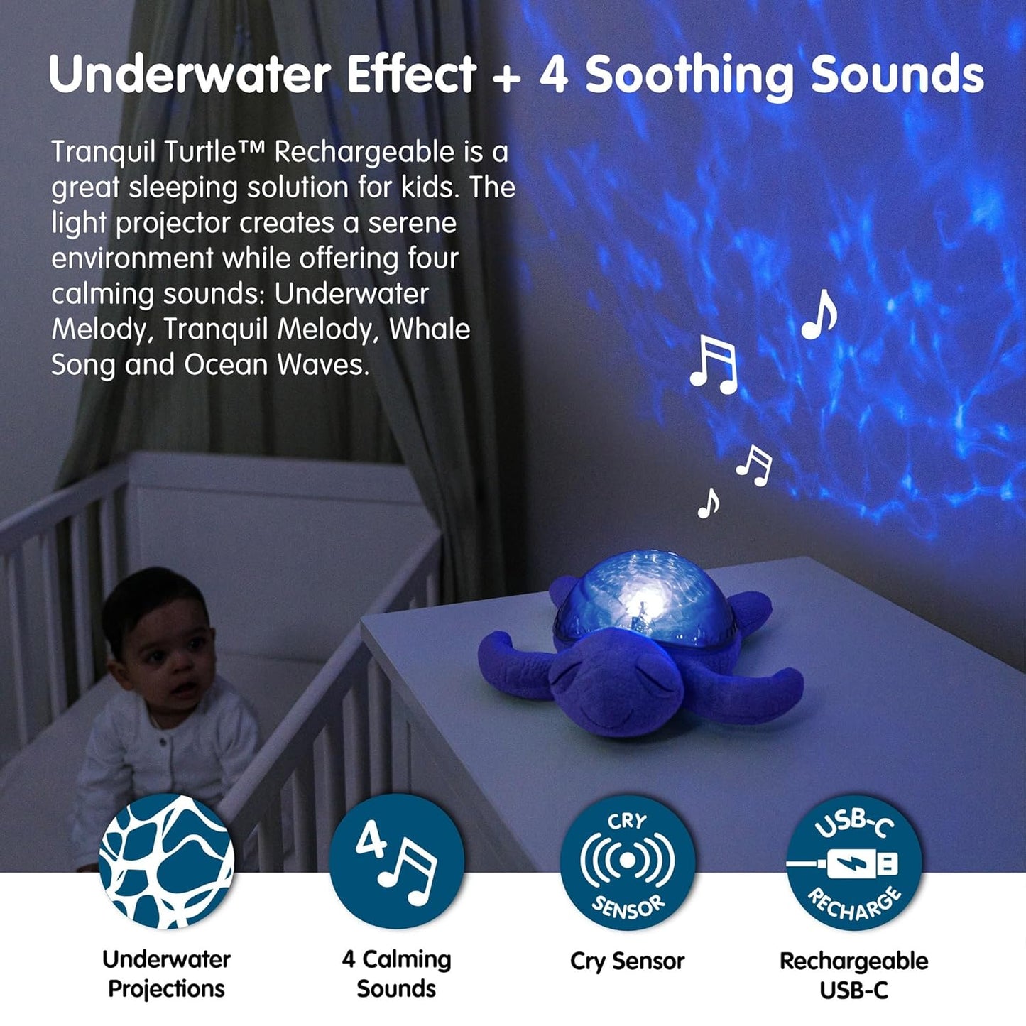 Cloud b Ocean Projector Nightlight with 2 White Noises & 2 Soothing Sounds | Adjustable Settings | Cry Sensor | Tranquil Turtle - Ocean (Rechargeable)